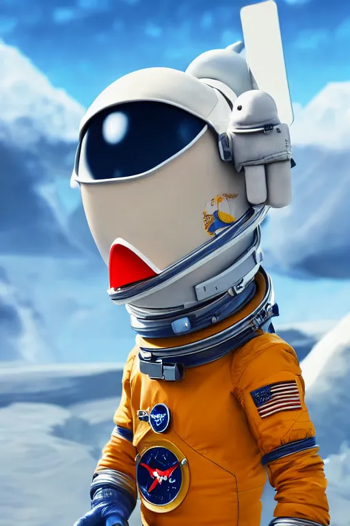 Image similar to a chicken wearing a astronaut suit in a alien planet, profile picture, digital art, concept art, trending on DeviantArt, highly detailed, high quality, 4K, cartoon, high coherence, path traced, blue sky in the background, octane render, digital painting, no helmet, masterpiece