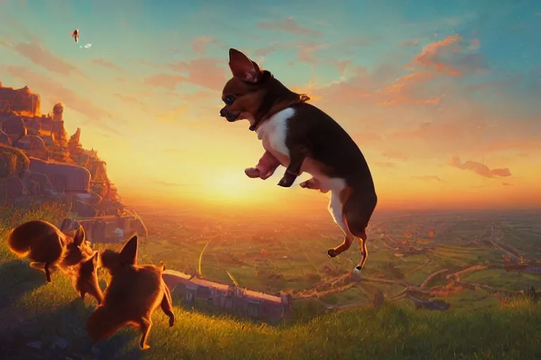 Prompt: Three chihuahuas on a flying carpet, flying in the sky, looking down on an English town, sunset, golden hour, cinematic lighting, epic scene, digital art painting by simon stalenhag