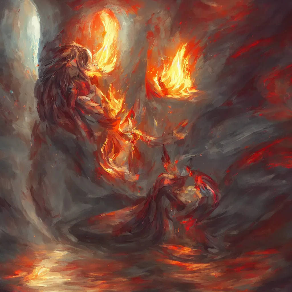 Image similar to a fire spirit chilling in a refrigerator, digital painting, illustration, high quality, fantasy