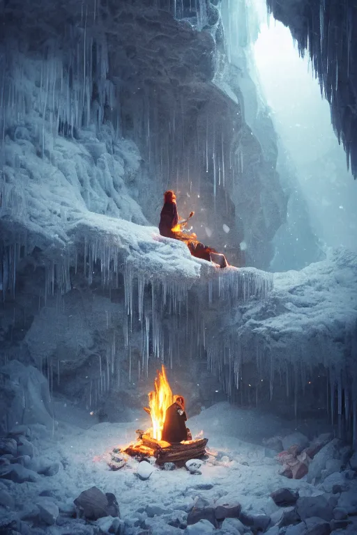 Image similar to A beuatiful women trying to stay warm with a campfire in an icy cave by Greg Rutkowski, beeple, Sung Choi, Mitchell Mohrhauser, Maciej Kuciara, Johnson Ting, Maxim Verehin, Peter Konig, final fantasy, macro lens, 35mm, 8k photorealistic, cinematic lighting, HD, high details, dramatic, dark atmosphere, trending on artstation