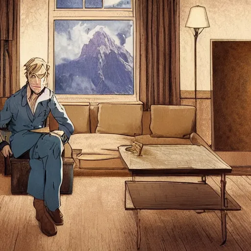 Prompt: ewan mcgregor is having a coffee in a draw room, white cat, huge bookshelf at the background, fireplace, digital art, very detailed, extreme long shot, atmosphere, dramatic lighting, epic composition, wide angle, by miyazaki, nausicaa ghibli, breath of the wild