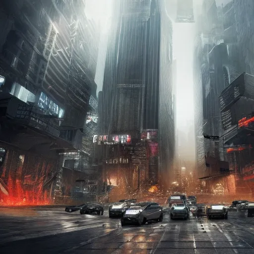 Image similar to dystopian city scape, ultra realistic,