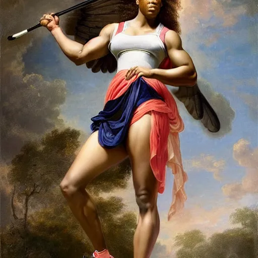 Prompt: Full body Portrait of Serena Williams in Nike gear as Nike Goddess, large wings, luxuriant, dreamy, eternity, romantic, strong pose, highly detailed, in the style of Franz Xaver Winterhalter, highly detailed, in the style of Aetherpunk