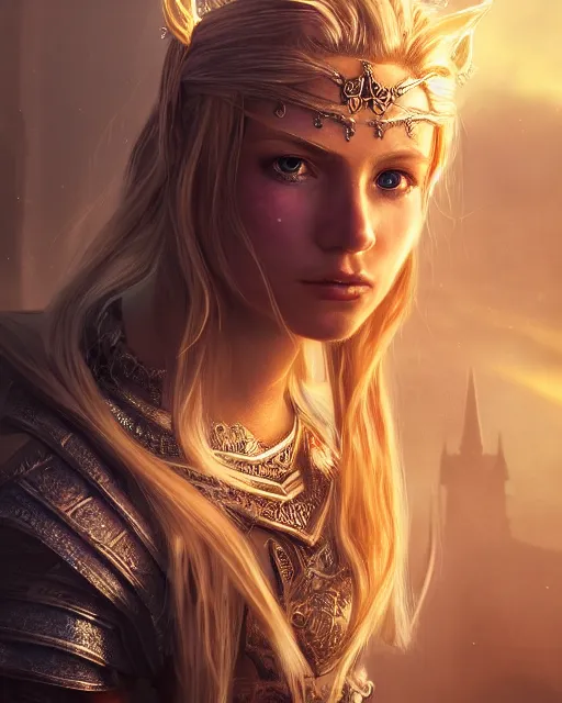 Image similar to Beautiful art portrait of a blond girl as a fantasy warrior in a bright temple, atmospheric lighting, intricate detail, cgsociety, hyperrealistic, octane render, RPG portrait, ambient light, dynamic lighting