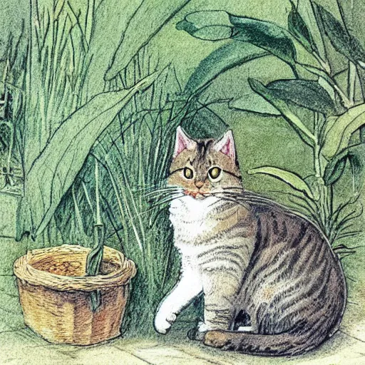 Prompt: a cute tabby cat sitting in a garden, beautiful illustration by beatrix potter