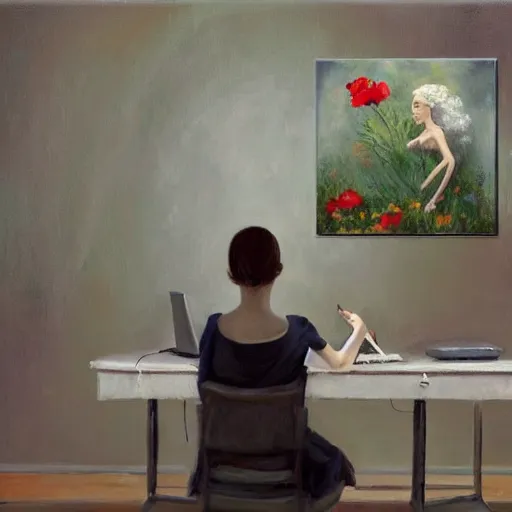 Image similar to oil painting, full room view, skinny female artist back view, dark hair, pale grey babydoll dress with 3d flowers, typing on a computer keyboard facing a giant wall size computer screen