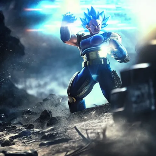 Image similar to vegeta in gears of war, splash art, movie still, cinematic lighting, ray tracing, octane render, long lens, shallow depth of field, bokeh, anamorphic lens flare, 8 k, hyper detailed, 3 5 mm film grain