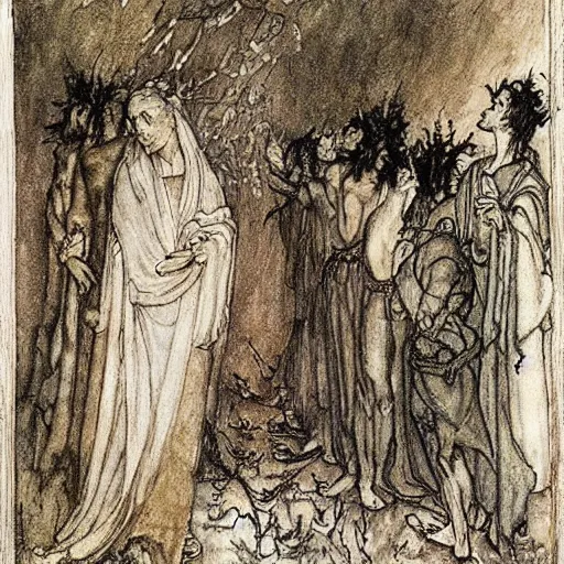 Prompt: Surely some revelation is at hand, surely the Second Coming is at hand, painted by Arthur Rackham