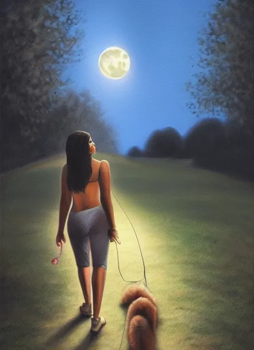 Image similar to young beautiful brown woman walking her dog in a park at night with a full moon, illustration, photoreal, fantasy, trending. masterpiece work of art . oil on canvas. Digitally painted. Realistic. 3D. 8k. UHD.