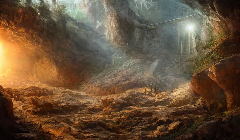 Image similar to opening of an abandoned mine, sharp focus, intricate, elegant, digital painting, artstation, matte, highly detailed, concept art, illustration, volumetric lighting, bokeh light, art by greg olsen and liz lemon swindle