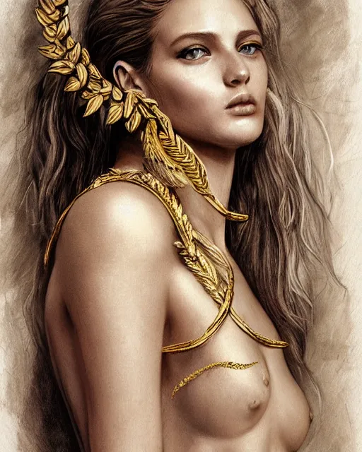 Image similar to front view of beautiful super model aphrodite greek goddess wearing a gold laurel wreath and triangle earrings, realism tattoo sketch, beautiful piercing eyes with sharp pupils, beautiful blonde hair, in the style of greg rutkowski, fantasy, amazing detail, epic, elegant, smooth, sharp focus