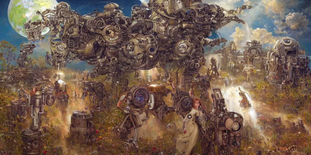 Prompt: many derpy shiny mechanical android robots, Lilia Alvarado, Sophie Anderson, Mark Arian, Bob Byerley, Charlie Bowater, Mark Brooks, Steve Henderson, Justin Gerard, Arthur Hughes, Edward Robert Hughes, Mark Keathley, Victor Nizovtsev, Carlos Shwabe, Ross Tran, WLOP