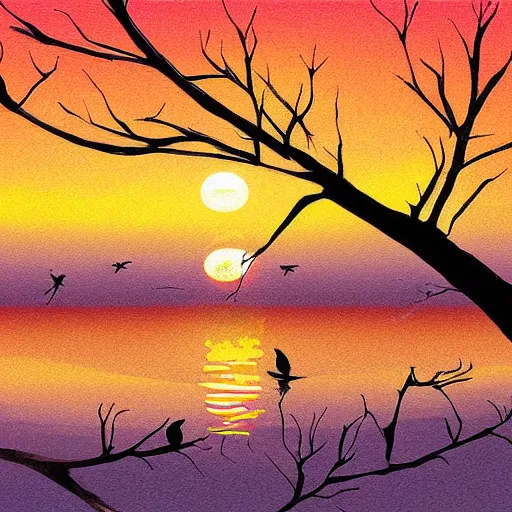 Image similar to birds on cherry tree, Changelingcore, serene, graceful, sunset photo at golden hour, Kodachrome, digital painting