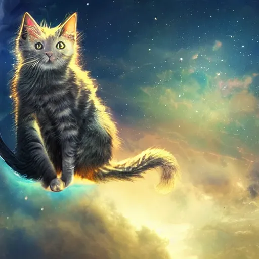 Image similar to fantasy cat floating in space, high detail, fantasy art, concept art, 4 k, ultra detail, computer art