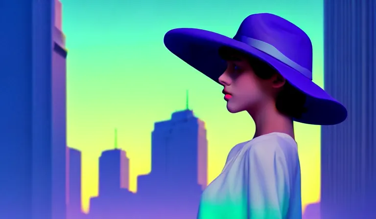 Image similar to a beautiful and immaculate teenager with a hat. vaporwave ombre rendering. outrun style. trending on artstation. recommended for you behance. by chris moore. by edward hopper. beeple colors. metropolis filmic. gotham city.