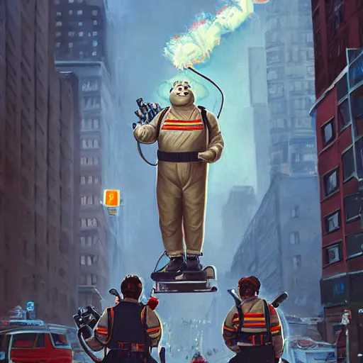 Image similar to the ghostbusters stay puff marshmallow man wearing timberland shoes and hat while smoking a joint and walking in new york city, highly detailed portrait, digital painting, artstation, artstation hq