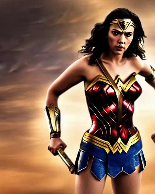 Image similar to scarlett johansson as wonder woman from new 5 2, movie, hyper realistic, hollywood promotional image, imax, 8 k