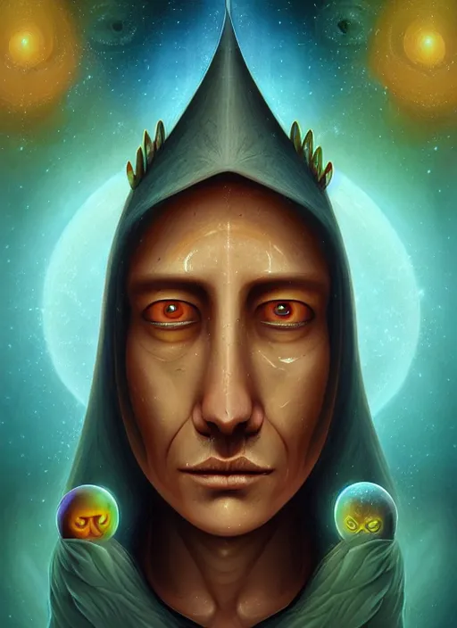 Prompt: matte symmetrical portrait of a wizard of the aztec tribe revealing the ancient secret of how life entered the cosmos, noble bearing. by hieronymus bosch, cyril rolando, esher and natalie shau, whimsical, profound, impossible. trending on devaintart.