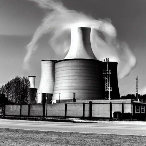 Image similar to black and white photo of a nuclear facility