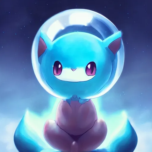 Image similar to cinematic portrait of cute Pokemon Mew riding large blue bubble, oil on canvas, masterpiece, trending on artstation, featured on pixiv, cinematic composition, dramatic pose, beautiful lighting, sharp, details, hyper-detailed, HD, HDR, 4K, 8K