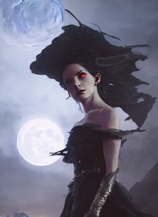 Image similar to portrait of Anna Millerstone as a Dark evil witch, big moon in the background, dramatic lighting, illustration by Greg rutkowski, yoji shinkawa, 4k, realistic photo art, concept art, trending on artstation