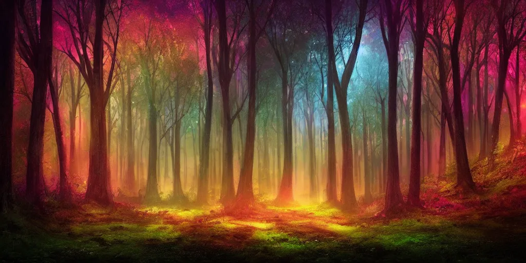 Image similar to beautiful matte painting of a colorful fantasy dark forest at night