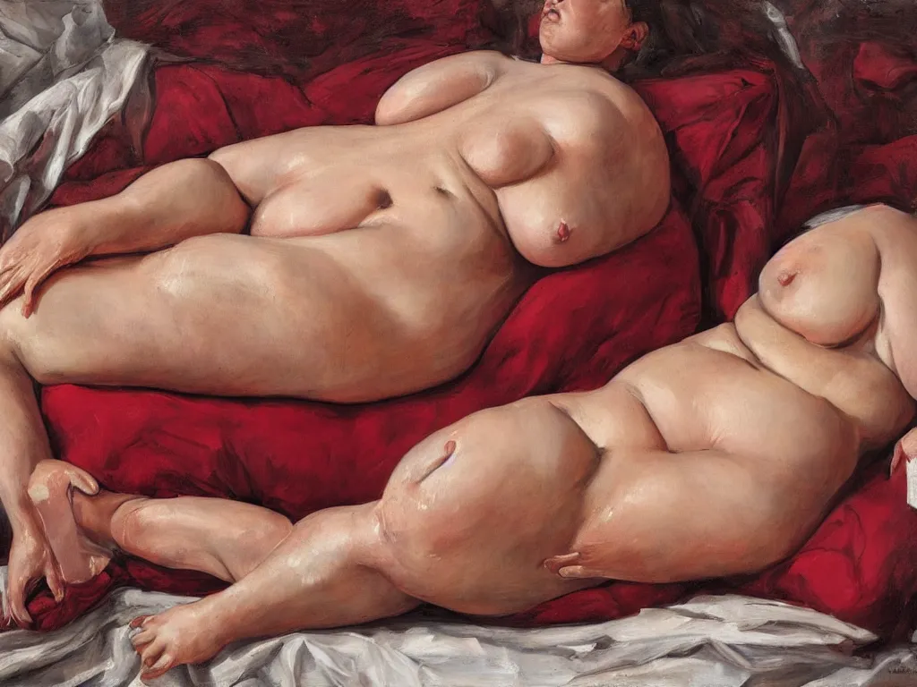 Image similar to Jenny Saville curvy female body on a red bed