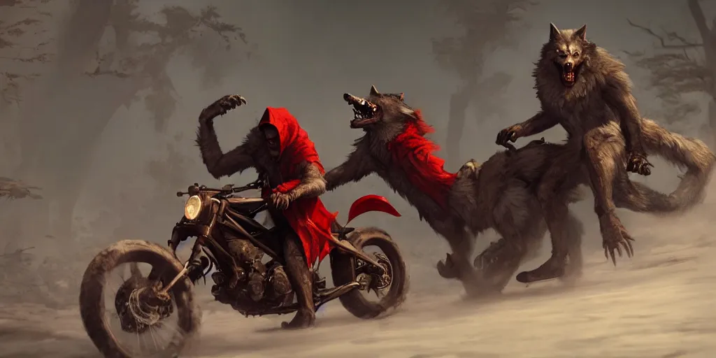 Prompt: Crazy werewolf with crazy red riding hood riding motorbikes, level design, Greg Rutkowski, artstation, CGSociety, Unreal Engine, matte paiting, ultra realistic, award winning, artstation, unreal render