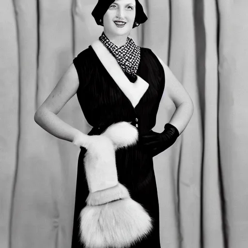 Image similar to an attractive woman is seen posing in a vintage 1 9 3 0 s portrait in front of a geometric art deco backdrop in a photographer's studio. she is wearing a woman's suit along with a white fur stole and a checkered scarf. she also has a matching handbag, gloves, shoes, and a wide - brimmed white hat on.