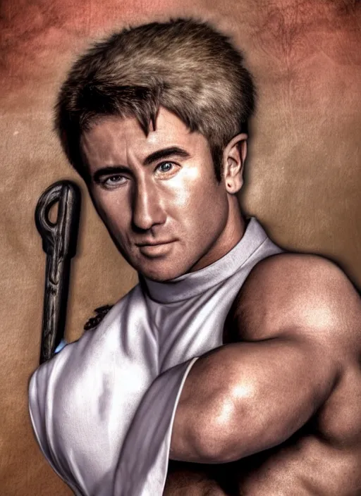 Prompt: billy herrington priest, 4 k, real life photo, photorealistic, high details, detailed face, priest uniform, detailed portrait