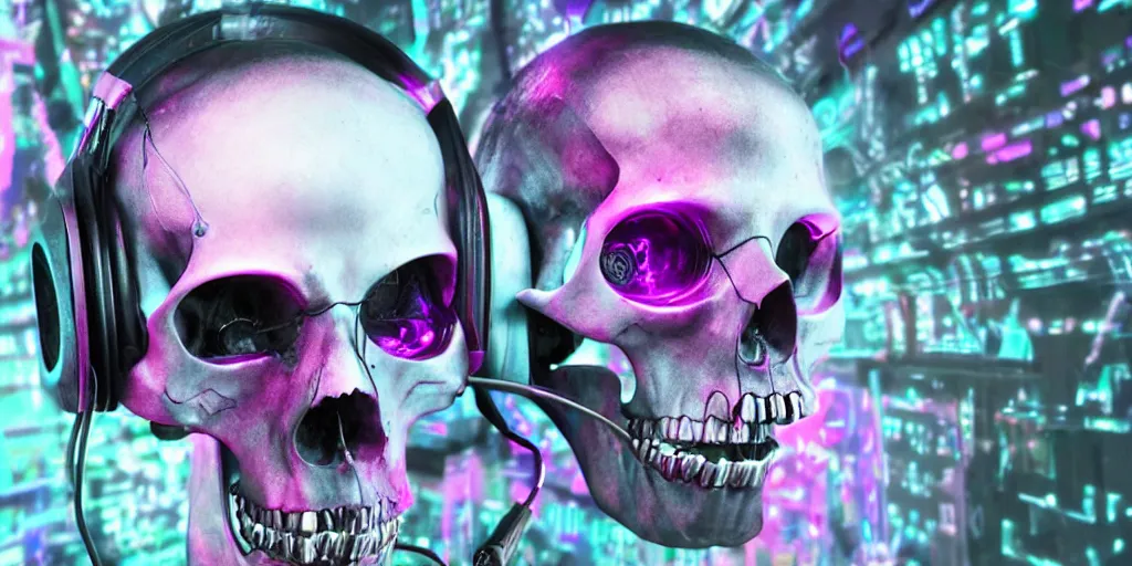 Prompt: a photorealistic cyberpunk skull, wearing headphones, bundles of electronic wires and cables coming out of its mouth, its eyes lighting up with LED lights, on stage at a party, vaporwave, scifi, trending on artstation, 4K, cinematic, epic lighting effects, strobe and laser lights, UHD, HDR