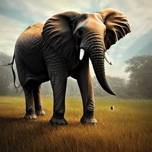 Prompt: a majestic elephant wearing armor in a grassland, digital art, artstation, realistic, sharp