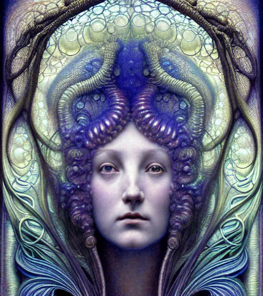 Prompt: detailed realistic beautiful opalescent goddess face portrait by jean delville, gustave dore, iris van herpen and marco mazzoni, art forms of nature by ernst haeckel, art nouveau, symbolist, visionary, gothic, neo - gothic, pre - raphaelite, fractal lace, intricate alien botanicals, biodiversity, surreality, hyperdetailed ultrasharp octane render