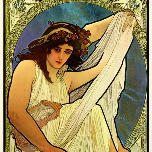 Prompt: echo, greek mythology, painted by alphonse mucha