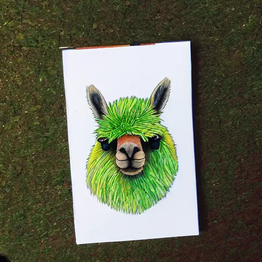 Image similar to copic paint of a alpaca face on a green leaf