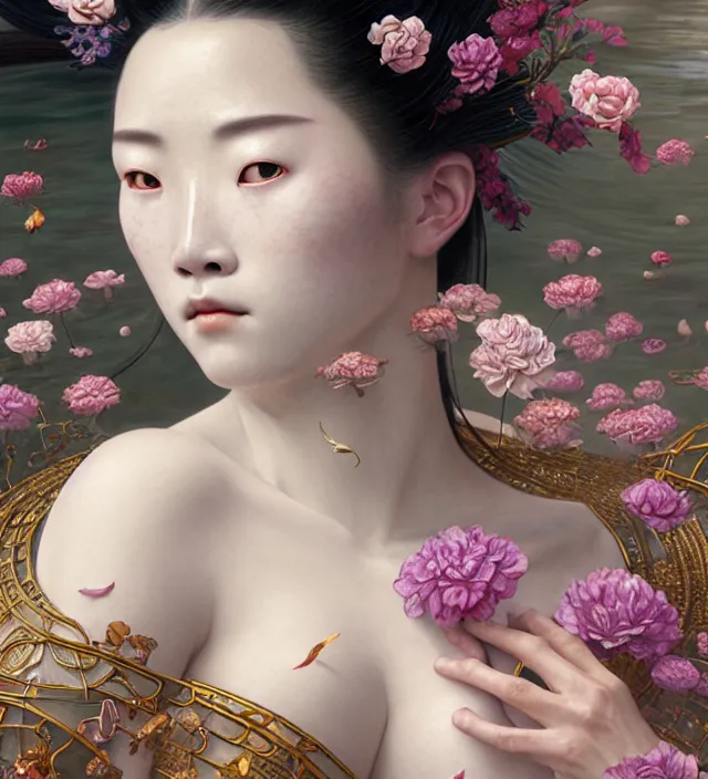 Prompt: baroque portrait of one yakusa tattooed geisha woman of porcelain skin with biomechanic organic elements connected is lying down in a river made of thousand of flowers, cinematic lighting, photorealistic, octane render, 8 k, depth of field, art by artgerm and greg rutkowski and alphonse mucha and uang guangjian