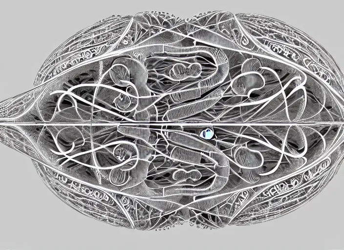 Image similar to symmetry! human fetus, intricate, filigree!, frosted, elegant, highly detailed, concept art, smooth, sharp focus, lineart, illustration, 3 d occlusion, penned with black on white on gray, 8 k