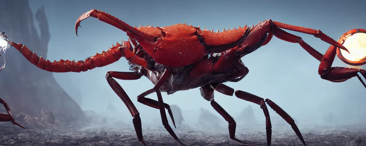 Image similar to creature design, a gazelle with red crustacean carapace, fiddler crab claws, palp eyes, cryptid, cinematic lighting, octane render, cinematic aura lighting, atmospheric, photorealistic, hyperdetailed 3 d matte painting, hyperrealism, hyperrealistic