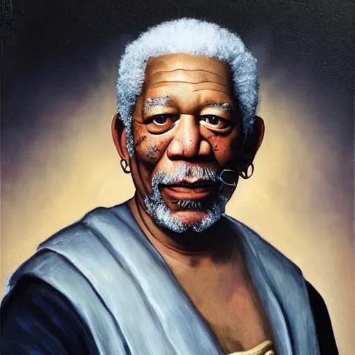 Image similar to a renaissance style portrait painting of Morgan Freeman