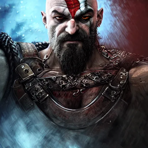 Prompt: the portrait of the absurdly ruthless, strong, menacing, realistic kratos, an ultrafine hyperdetailed illustration by kim jung gi, irakli nadar, intricate linework, bright colors, octopath traveler, final fantasy, unreal engine highly rendered, global illumination, radiant light, detailed and intricate environment