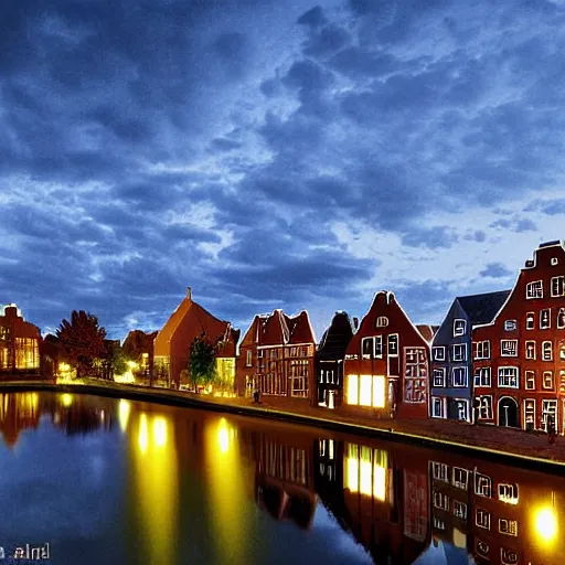 Prompt: a warm summer night in groningen, the netherlands, 2 0 0 8, detailed, wideshot, photorealistic, blue - yellow sky