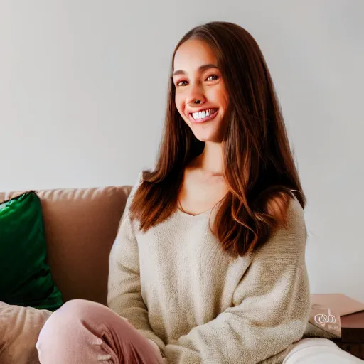 Image similar to Photograph of a cute young woman smiling, long shiny bronze brown hair, heart-shaped face, emerald green eyes, medium skin tone, light cute freckles, smiling softly, wearing casual clothing, relaxing on a modern couch, interior lighting, cozy living room background, medium shot, mid-shot, soft focus, 4k, professional photography, Portra 400