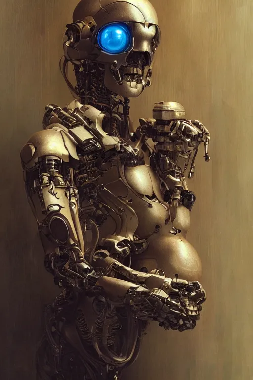 Image similar to Ultra realistic illustration, robot sitting, holding a human skull in it's hands, cyberpunk, sci-fi, fantasy, intricate, elegant, highly detailed, digital painting, artstation, concept art, smooth, sharp focus, illustration, art by artgerm and greg rutkowski and alphonse mucha