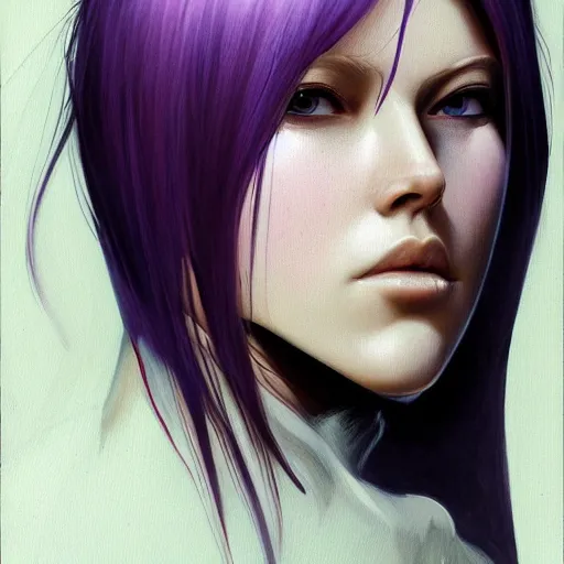 Prompt: priscilla from claymore portrait, medium shot, asymmetrical, profile picture, organic painting, matte painting, purple skin, forehead horn, bold shapes, hard edges, trending on artstation, by huang guangjian and gil elvgren and sachin teng