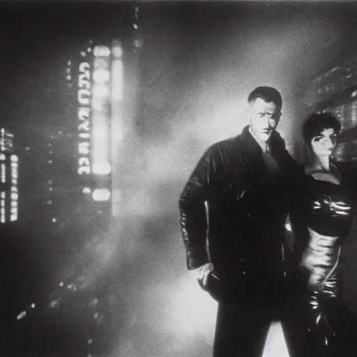 Image similar to old black and white photo, 1 9 3 3, depicting blade runner and replicant, ultra realistic face, leica, historical record, dramatic lighting