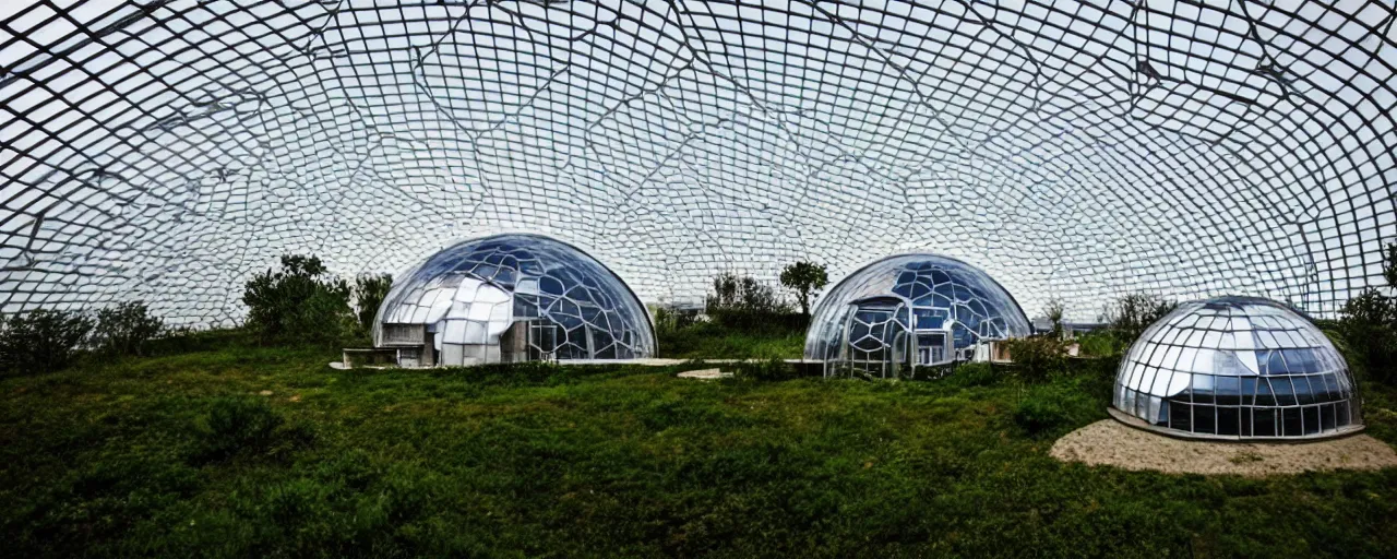 Image similar to dome house by kristoffer tejlgaard syd mead buckminster fuller zaha hadid, concept house, earthship, greenhouse, underground, optimus sun orientation, north hemisphere, spain, geodesic architecture, biodome, fuller