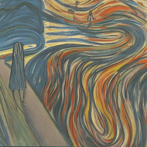 Image similar to the munch scream on a beach during a thunderstorm, comic art