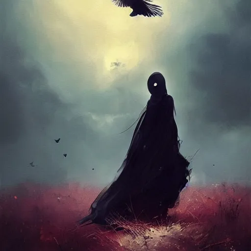 Image similar to morning, a woman in a black dress with a raven head. no face. sun, cinematic, clouds, vogue cover style, contracting colors mood, realistic painting, intricate oil painting, high detail, figurative art, poster art, by simon bisley, ismail inceoglu, wadim kashin, filip hodas. pixar theme.