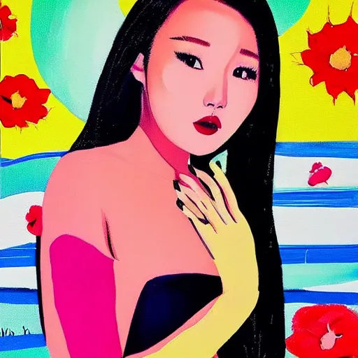 Image similar to popart painting of Hwasa. Mamamoo beautiful singer talented woman. FULL BODY WOMANLY FIGURE. Full body popart cute face.