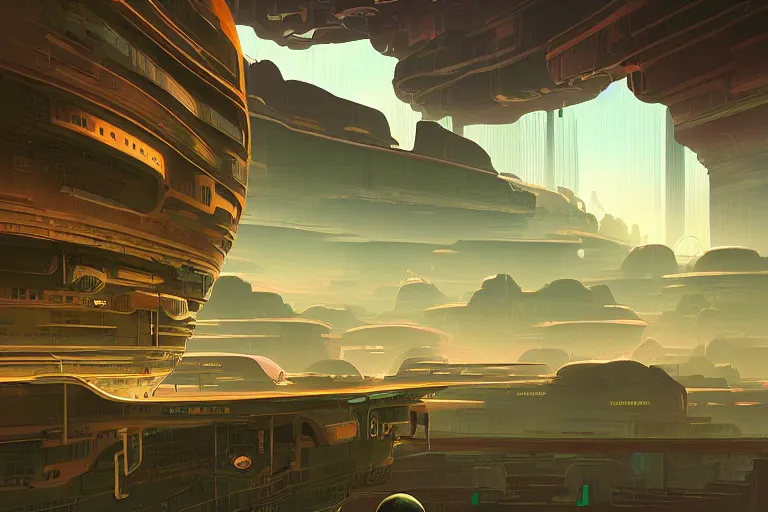 Image similar to a matte painting of a solarpunk city floating above a canyon by syd mead and peter mohrbacher and james gilleard in the style of hugh ferriss